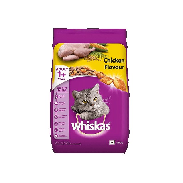 Whiskas Adult (+1 year) Dry Cat Food, Chicken Flavor, 480g Pack